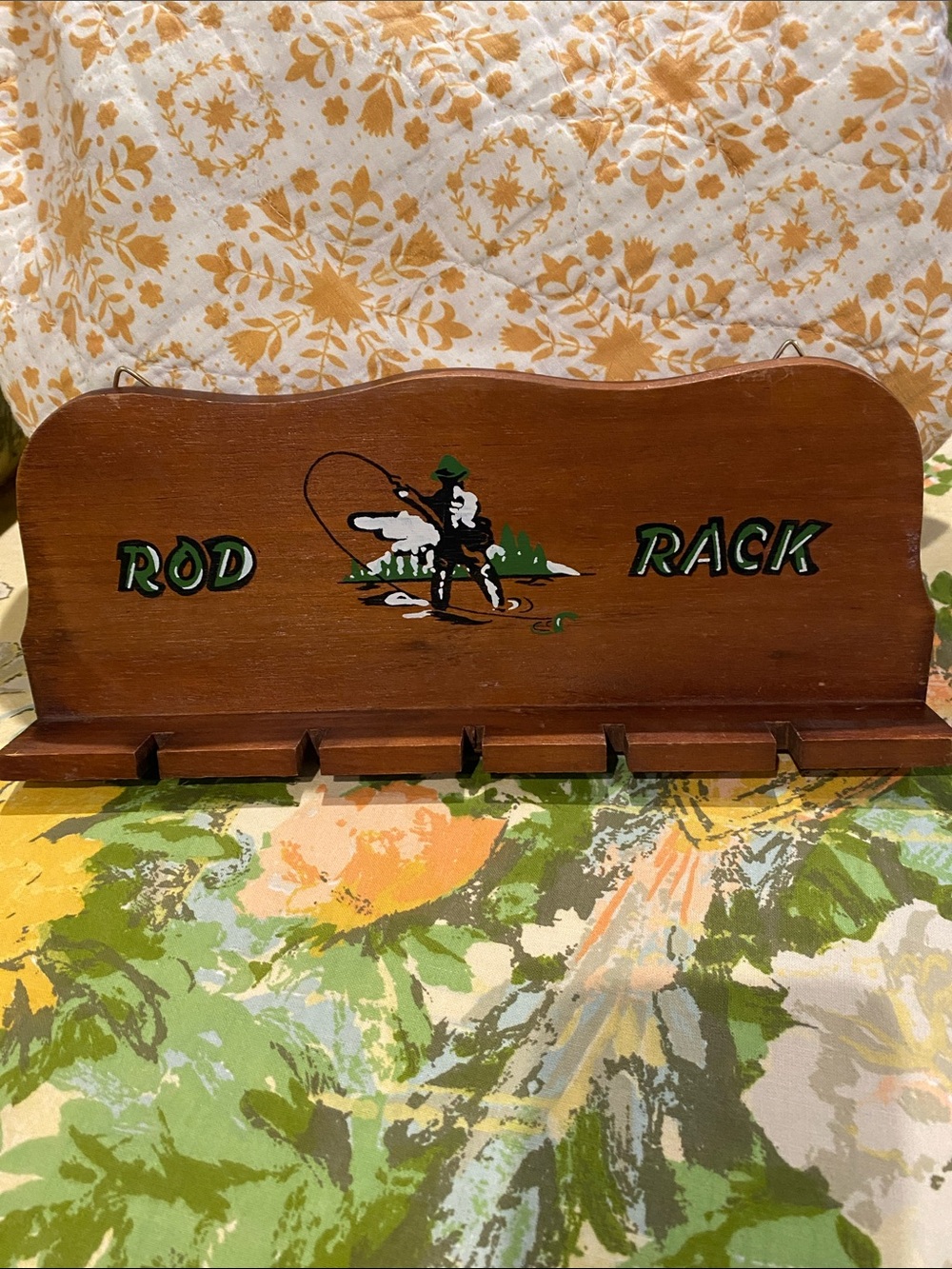 Vintage 1950s Wooden Brown 'Rod Rack' with Fishing Pole Holder Fathers Day Dad
